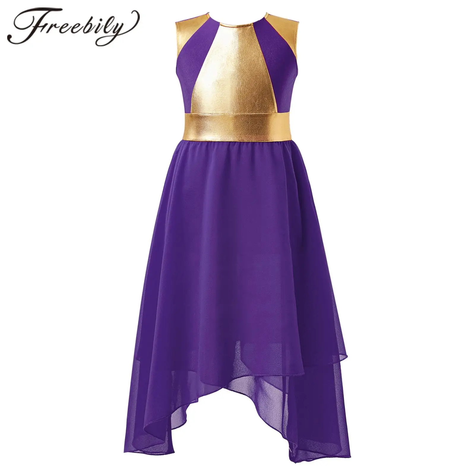 

Kids Girls Lyrical Dance Costume Dancewear Gymnastics Leotard Dress Teens Color Block Long Sleeve Irregular Hem Ballet Dresses