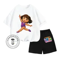2024 Dora The Explorer Animated Cartoon Print Design O-neck Short Sleeve and Shorts Two-piece Suit for Children 3-14 Years Old 2