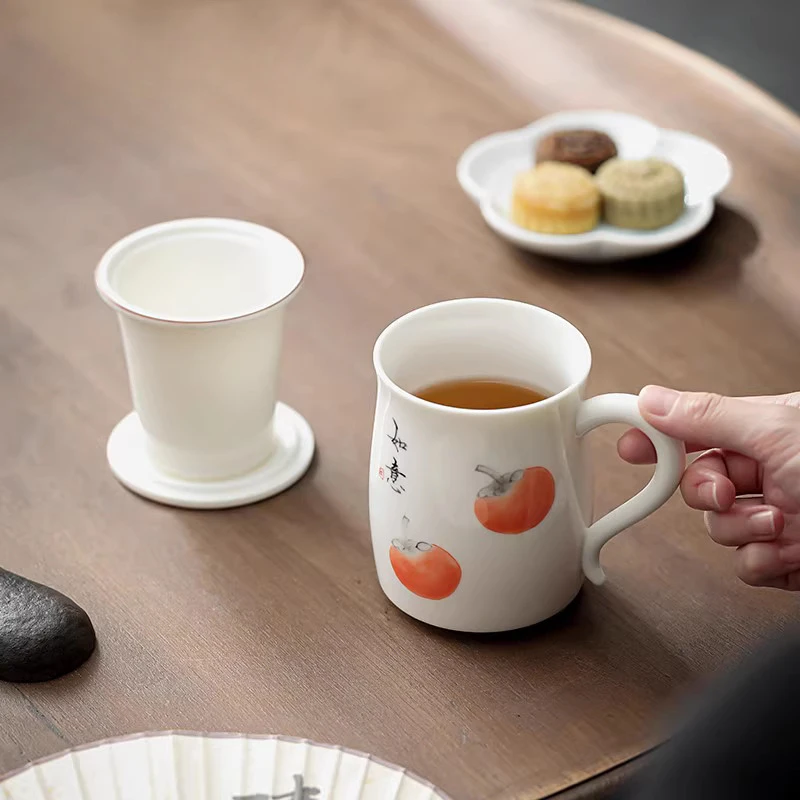 Chinese Style Ceramic Mugs, Home Personal Office Creative Teacup With Cover, Filtered Tea Water Separation, Tea Cups, 330ml, 1Pc