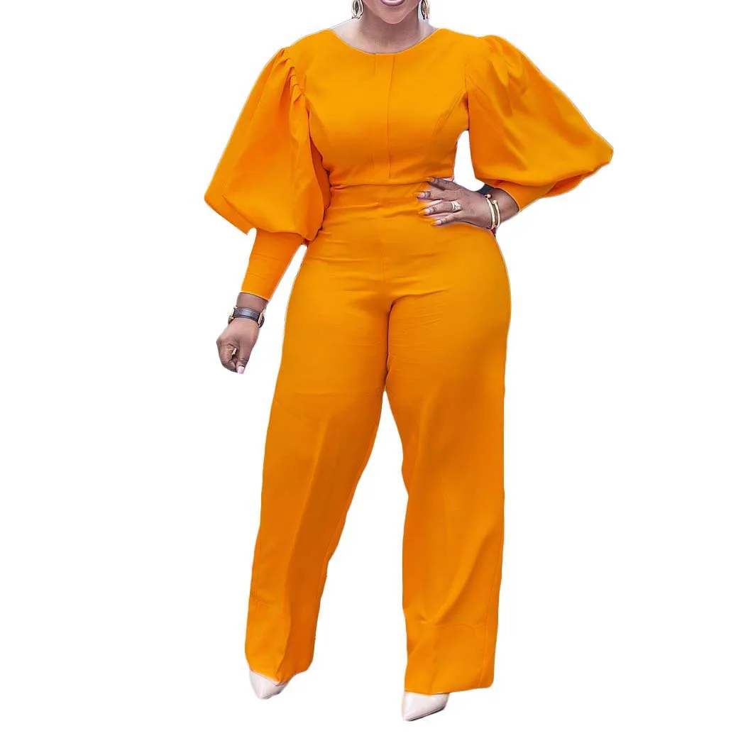 Women's Lantern Sleeve Jumpsuit 2023 Spring Fashion Back Zipper Casual Plain Round Neck Long Sleeve Straight Leg Daily Jumpsuit