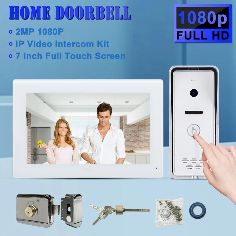 

Apartment Intercom System 7 inch Touch Monitor Video Door Phone Kits Support Ethernet Cable Connect, Single-Supply, ID Keyfobs