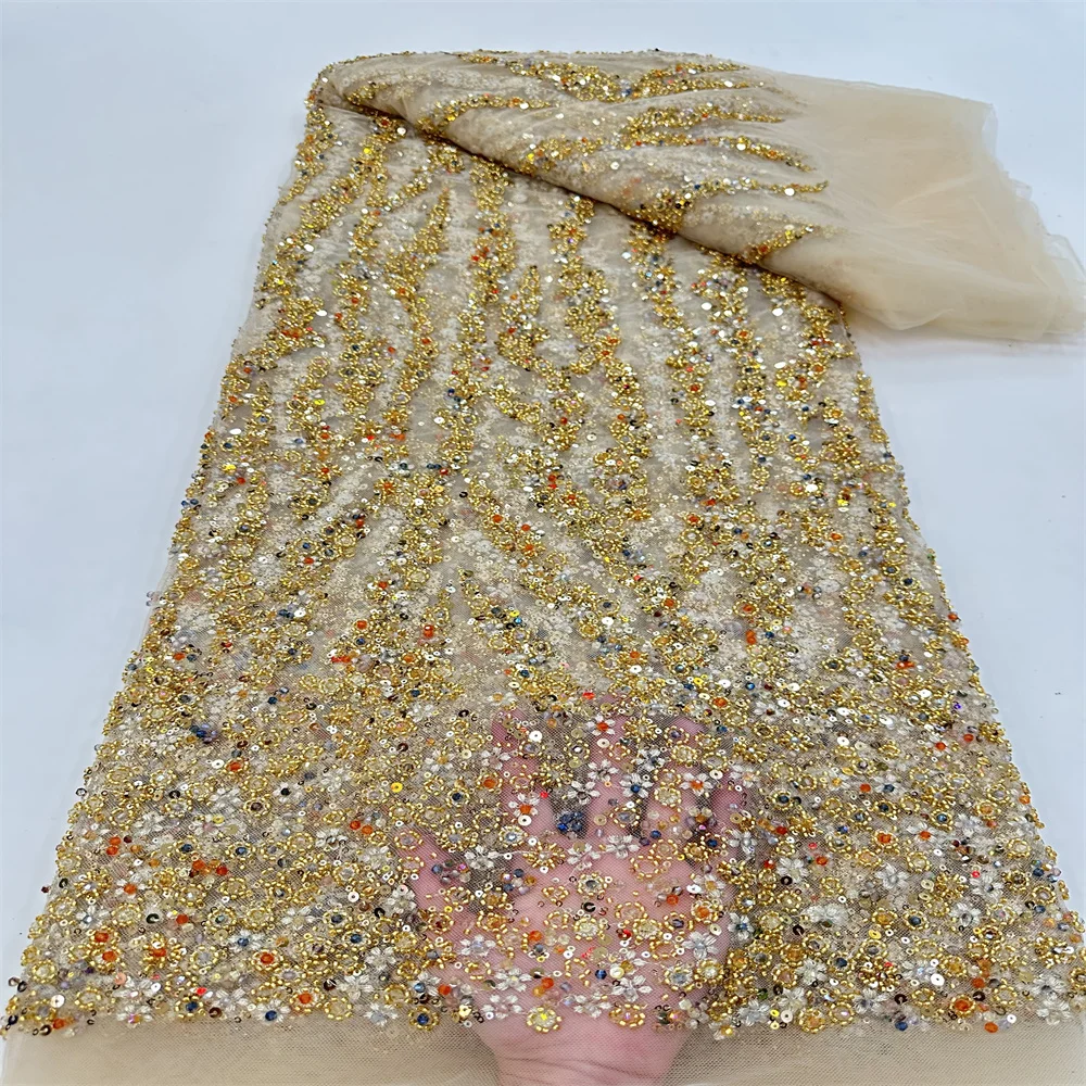 

Beaded Nigerian Lace Fabric 2024 High Quality Lace With Sequins Latest African Net Mesh Lace 5Yards Wedding Dress Sewing rf-640
