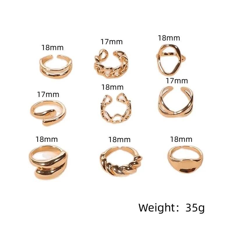 Gold Plated Alloy Ring For Men And Women Adjustable Ring Circumference Trendy Holiday Gift 9pcs finger ring,adjustable rings,gold color rings