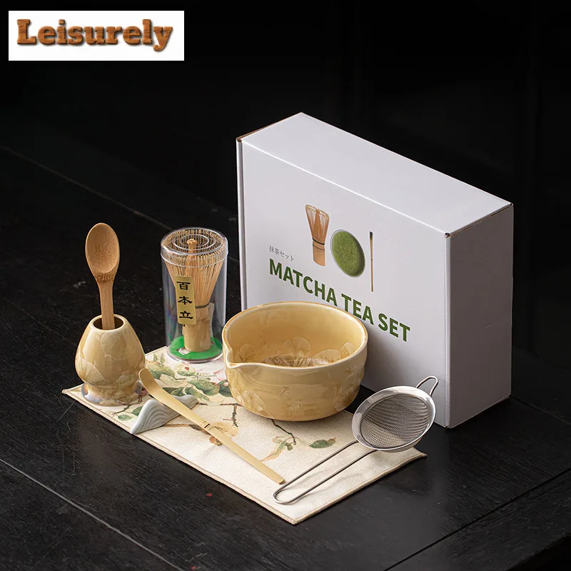 8pc/set Kiln Change Ice Flower Crystal Glaze Matcha Tea Set Whisk Stand Tea Ceremony Matcha Bowl Grinder Brushes Tea Tool Holder