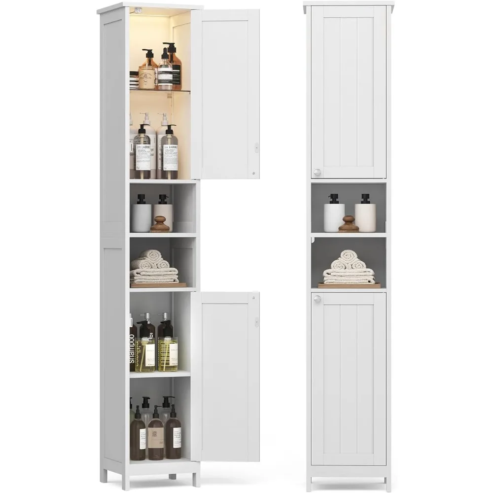 Tall Bathroom Cabinet with Lights, Slim Bathroom Storage Cabinet, Freestanding Narrow Cabinet with Adjustable Shelves