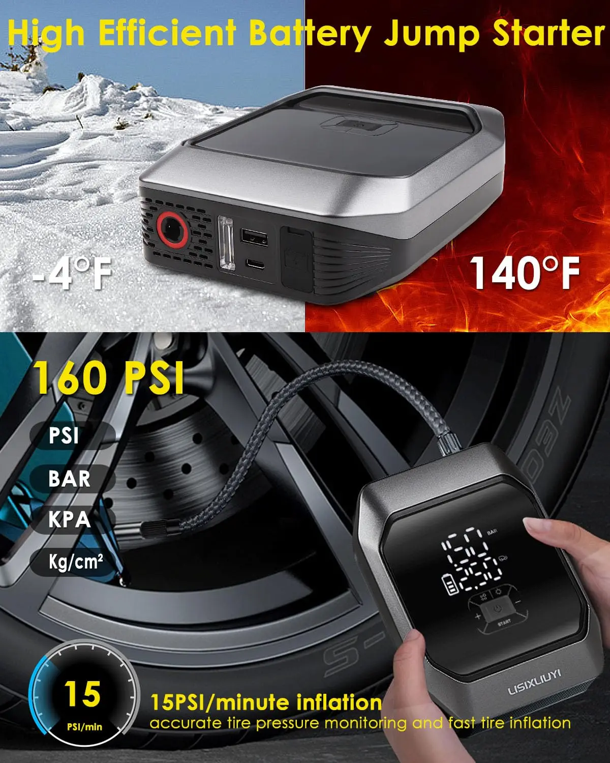 Portable Car Jump Starter with Air Compressor, Tire Inflator 8000mAh Battery Booster for 3.5L Gas /4.0L Diesel Engine 12V