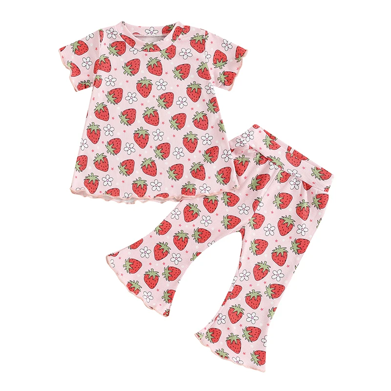 

Toddler Girl Summer Clothes Strawberry Bell-Bottom Pant Ruffle Short Sleeve Top Little Girls Summer Infant Outfits