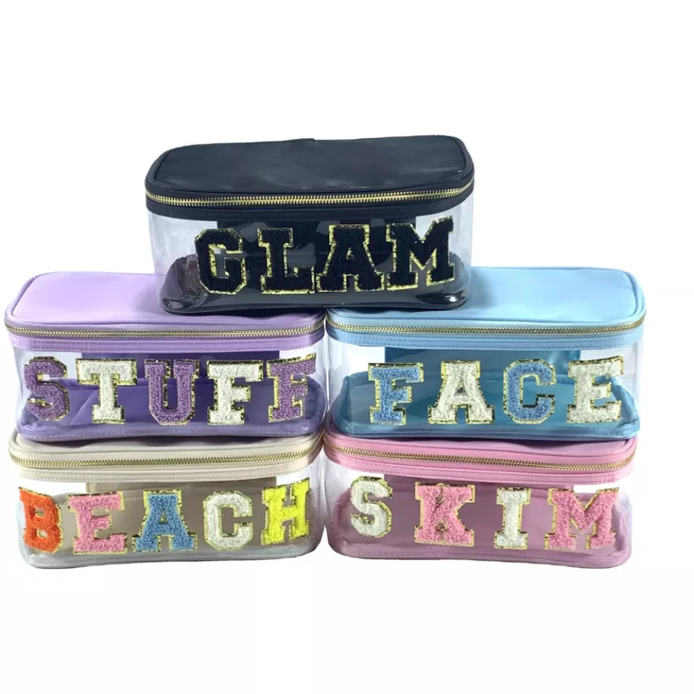 

Letter Patches Clear PVC Cosmetic Bags Women Waterproof Nylon Makeup Bag Ladies Simple Durable Large Capacity Storage Organizer