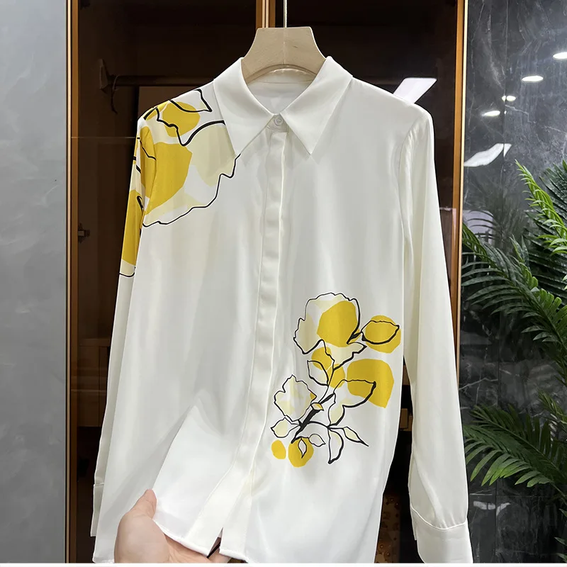FANIECES Yellow Print Women White Blouse Elegant Satin