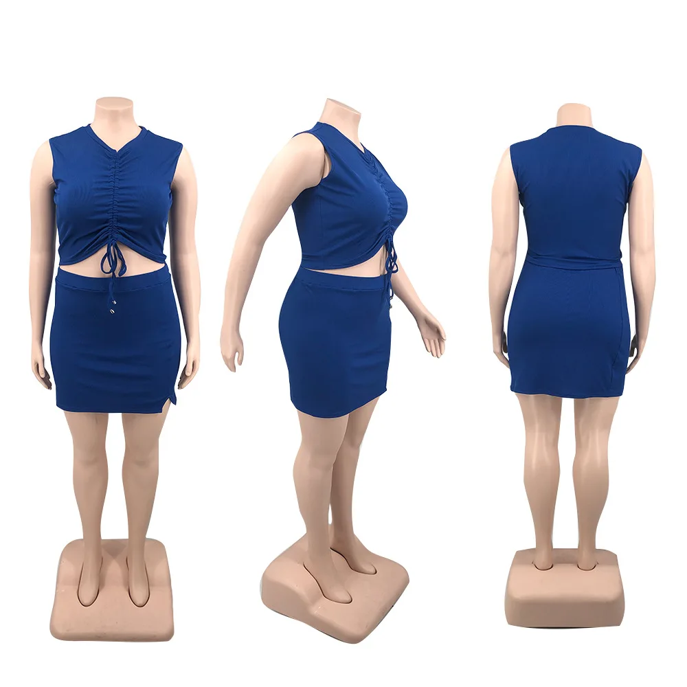 Plus Size Women Sets Ribbed Sleeveless Tops and Dresses 2022 Summer Fashion Two Piece Sets Sexy Lady Plain Tracksuit Wholesale