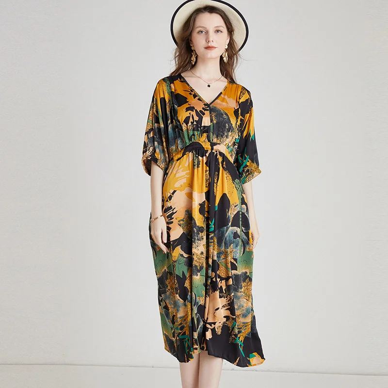 

2022 Summer New V-neck Printing Loose Straight Casual Mid-Calf Dresses Women M525