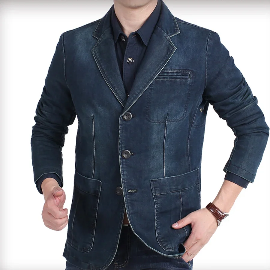 Spring Casual Men Suit Collar 3xl 4xl Denim Blazer Coat , Autumn Male Man Single Breasted Elbow Patchwork Jeans Blazers Coats