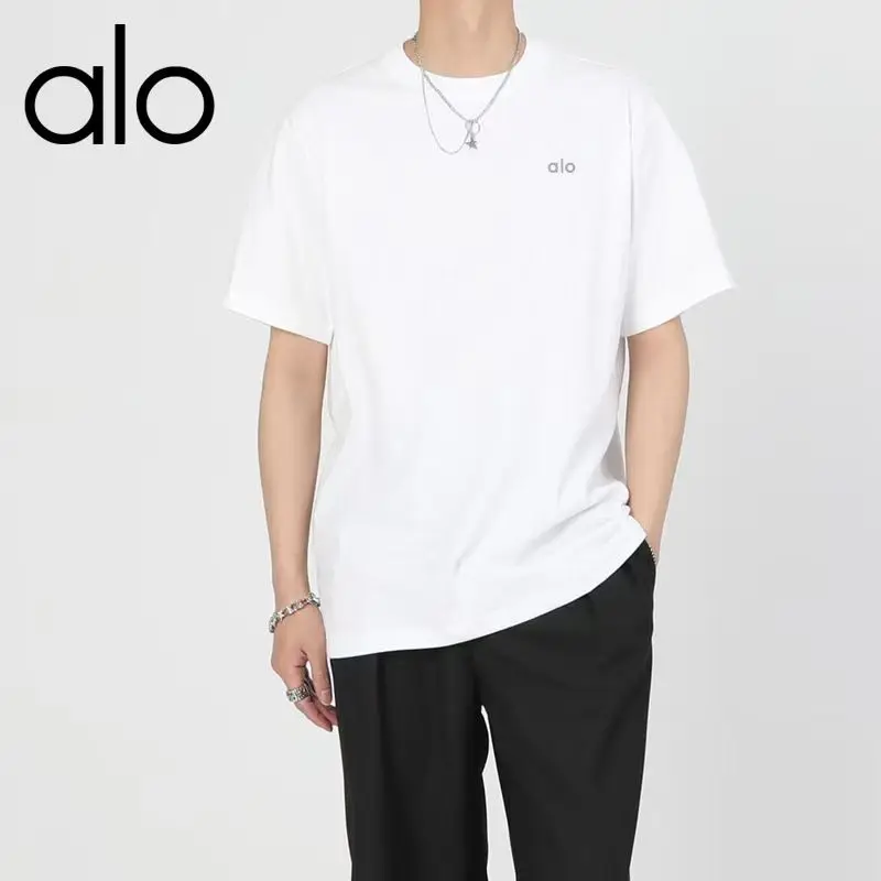ALO basic solid color short-sleeved T-shirt for men and women, loose and made of pure cotton, classic and versatile for summer. 2