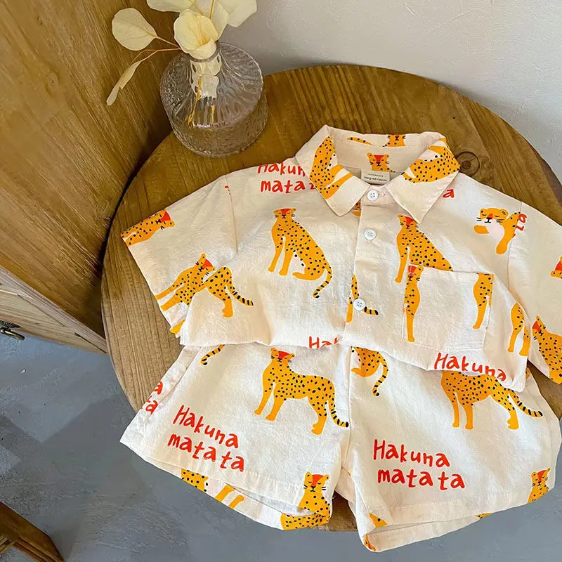 

Summer New Kids Set Cartoon Cheetah Print Children Clothes Sets Boys' Casual Loungewear Girls' Short-sleeved Shirts+Shorts Suits