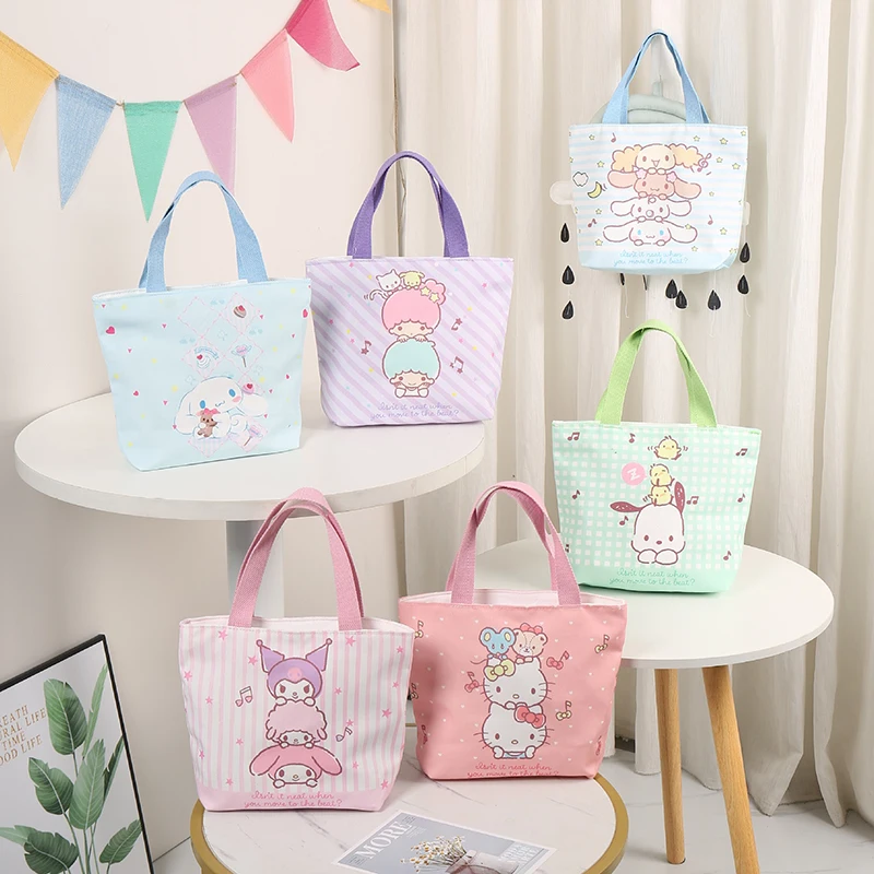 

Sanrio Kawaii Hello Kitty Anime Large Capacity Lunch Bag Cute Cartoon Cinnamoroll Kuromi Portable Canvas Case Lovely Toys Girls