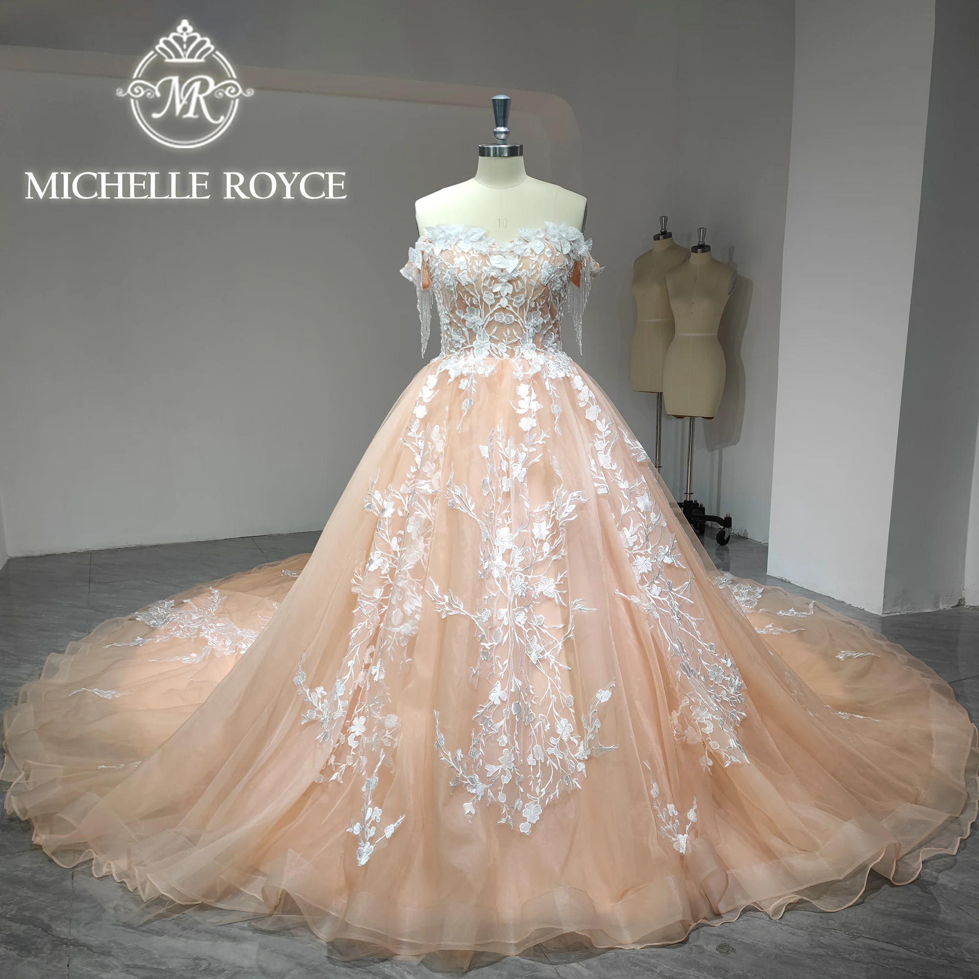 

Michelle Royce Ball Gown Wedding Dress 2024 Off Shoulder Sweetheart Appliques Beading TASSEL Lace Wedding Gown Vestidos De Novia