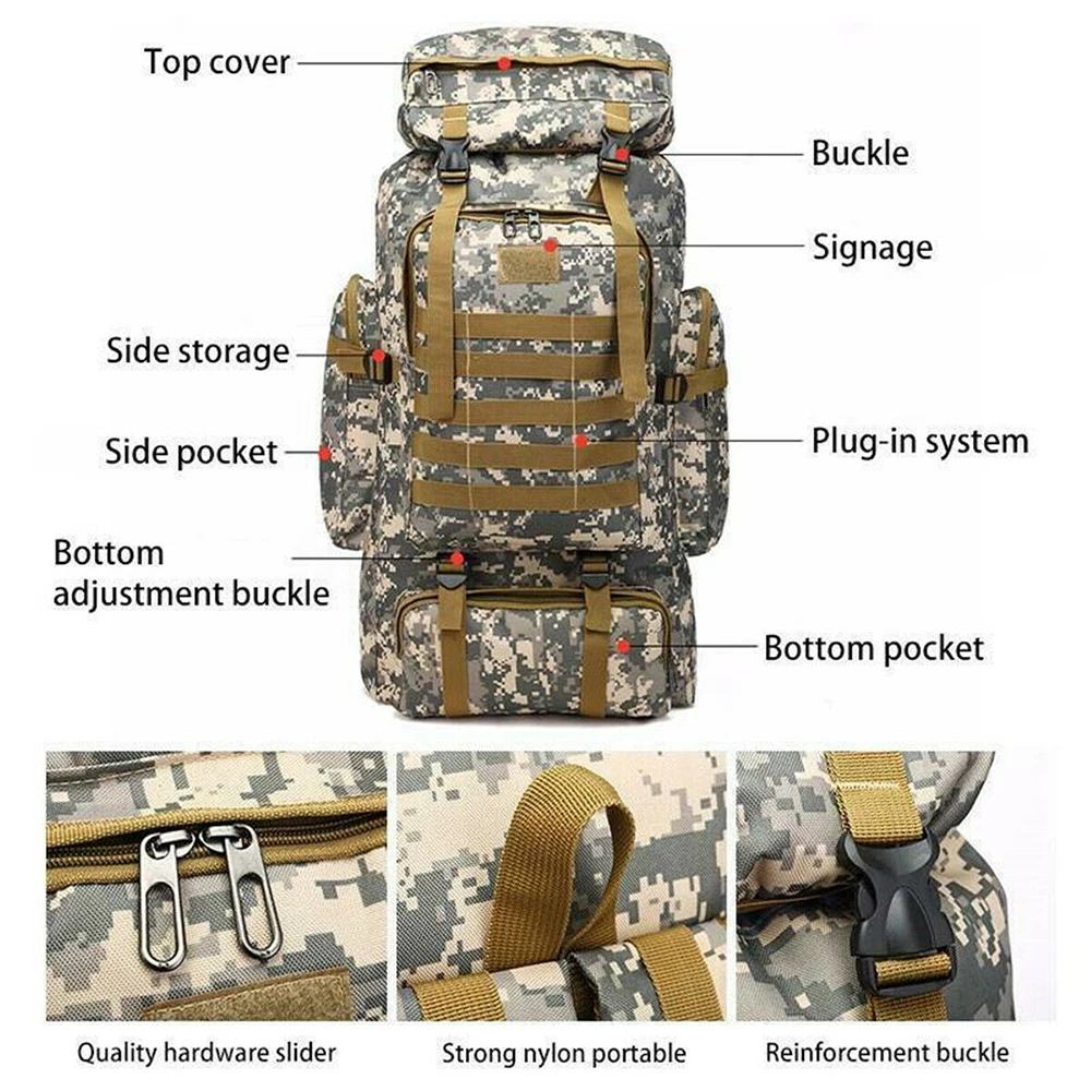 

80L Backpack Waterproof Large Capacity Outdoor Sport Military Tactical Backpack Army Hiking Camping Hunting Climbing Rucksack