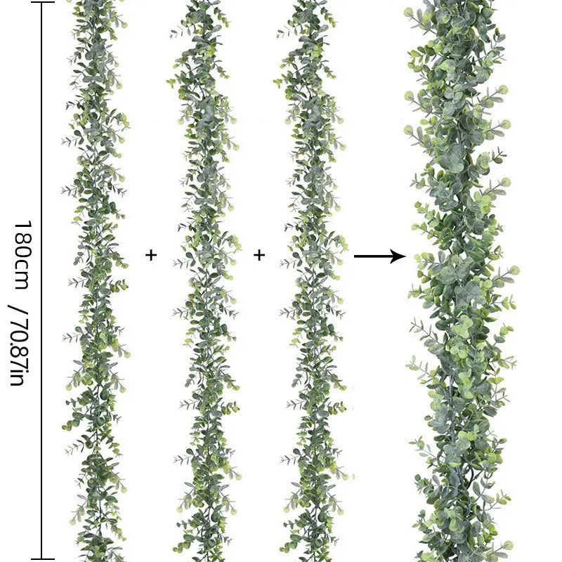 Enredaderas artificiales de eucalipto, plantas colgantes falsas, hojas de pared de imitación, plantas de plástico para el hogar de ratán, jardín, fiesta, decoración de boda, 180cm