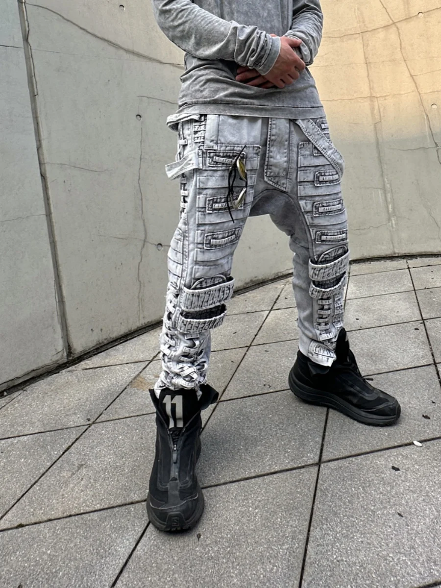 

Wasteland Punk Vintage Light Color Distressed Tie-Dyed Wash Slim Fit Skinny Pants Loose Crotch Men's Overalls Streetwear Men