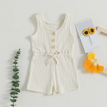 Summer Baby Girl Outfit Ribbed Tank Top Infant Baby Jumpsuit Button Down Toddler Girl Rompers Clothing 0-5T 3