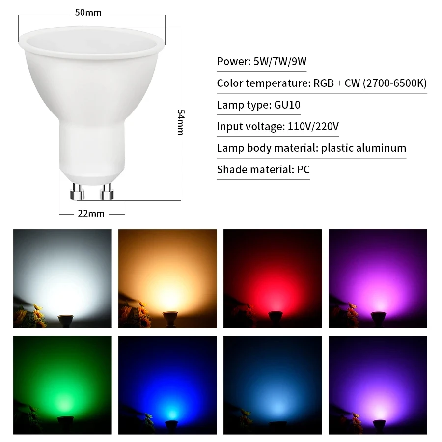 GU10 Tuya WIFI Smart LED Bulbs RGB CW WW 220V 5W 7W 9W Dimmable Lamps Smart Life APP Control Work For Alexa Google 1-5pcs For smart led light bulbs