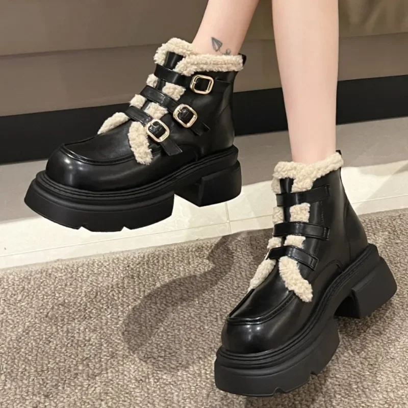 

Женские ботинки с пряжкой, теплые однотонные водонепроницаемые ботинки на платформе, с круглым носком и плюшевой подкладкой, на зиму, 2023