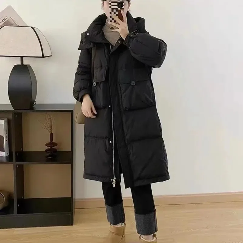 2023 New Women Down Jacket Winter Coat Female Mid Length Version Parkas Loose Warm Thick Outwear Hooded Solid Color Overcoat
