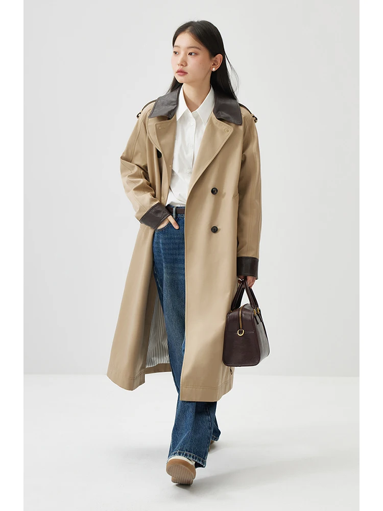ZIQIAO Turn-down Collar Temperament Dark Khaki Long Double Breasted Trench PU Patchwork Spring Twill Jackets 24ZQ91049