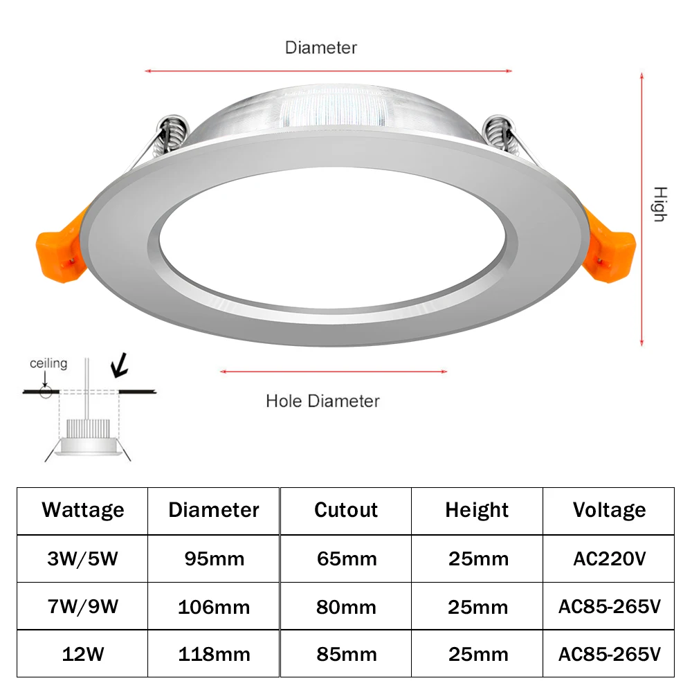 Led Downlight Recessed Ceiling Spotlight 10Pcs LED Downlight Recessed Ceiling Spot Lamp 3W 5W 7W 9W 12W AC 220V for Kitchen Bedroom Living Room Home Lighting