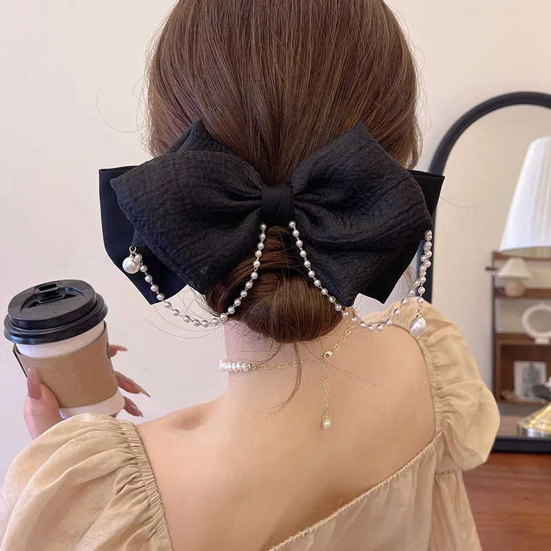 

New Large Pearls Tassels Fashion Bow Barrette Girls Elegant Vintage Ponytail Hairpin Hair Clip WOMAN HAIR CLIP Heawear Ornament