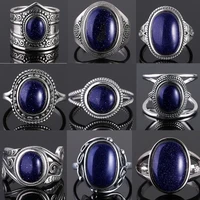S925 Silver Ring for Women Oval Round Dropwater Natural Blue Sandstone Ring Gift Sun Shaped Retro Luxury Fine Jewelry