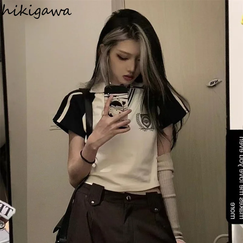 

Fashion Korean Casual Y2k T Shirt 2023 Shirts for Women Summer Woman Tshirts Crop Tops V-neck Short Sleeve Contrast Color Tees