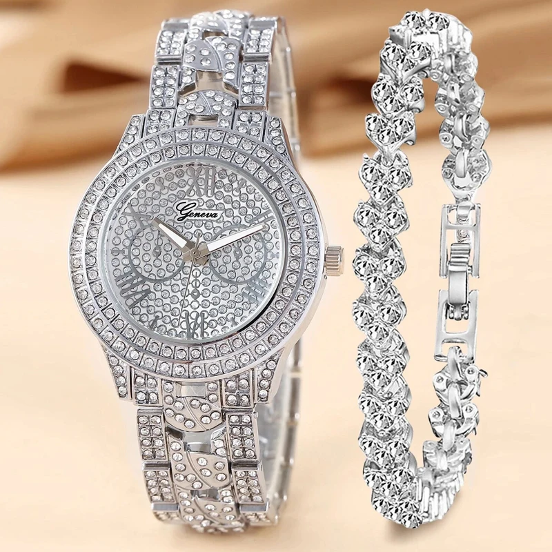 

2PCS Women Watch Luxury Elegant Alloy Watch Crystal Wristwatch For Ladies Gift Quartz Watch Alloy Shinestone Bracelet NO BOX