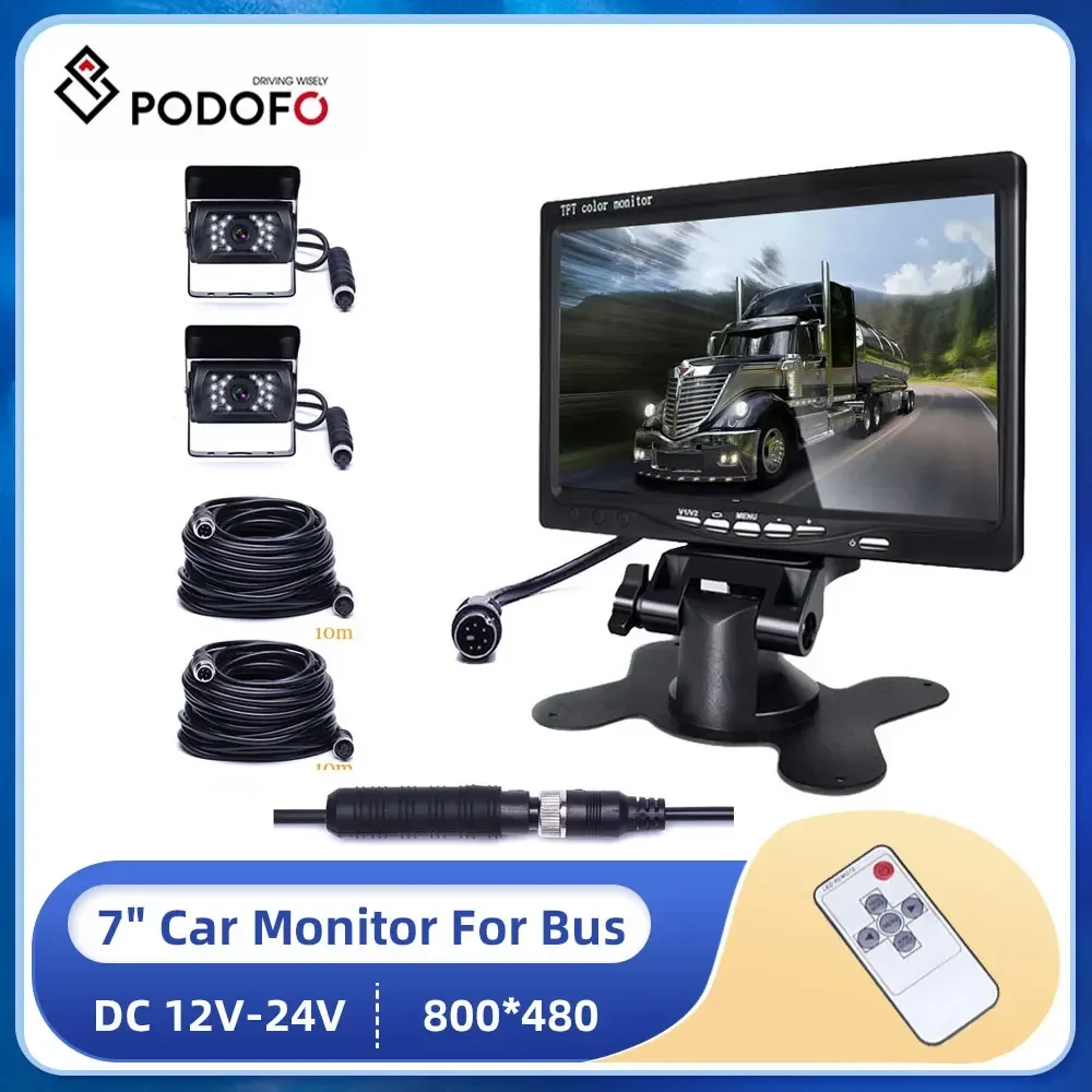 Podofo Car Monitor DC 12V-24V 7" LCD Waterproof 4 Pin IR Night Vision Rear View Camera for Bus Truck Rear View Display