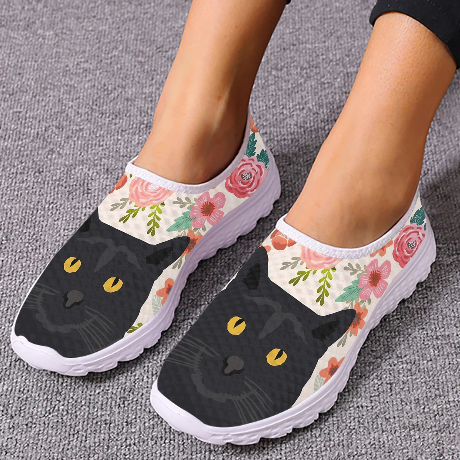 

INSTANTARTS Cartoon Black Cat/kitten Design Brand Loafers Comfortable Flat Summer Breathable Mesh Shoes Casual Sneakers Zapatos