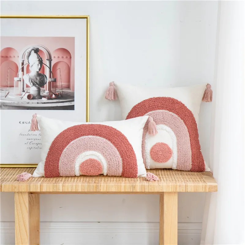 모로코 스타일 술 쿠션 커버 30×50 45x45cm 코튼 캔버스 레인보우 패턴 베개 케이스, 소파 거실 홈 장식  Best5