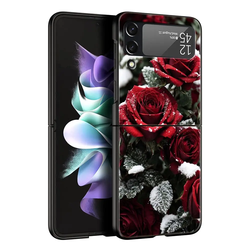 Elegant Red Rose Floral Phone Case - Black Hard Folding Cover
