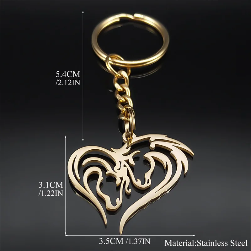Couple Horse Heart Shape Pendant Key Chain for Women Men Stainless Steel Gold Color Hollow Animal Key Ring Jewelry Gift K3218S08