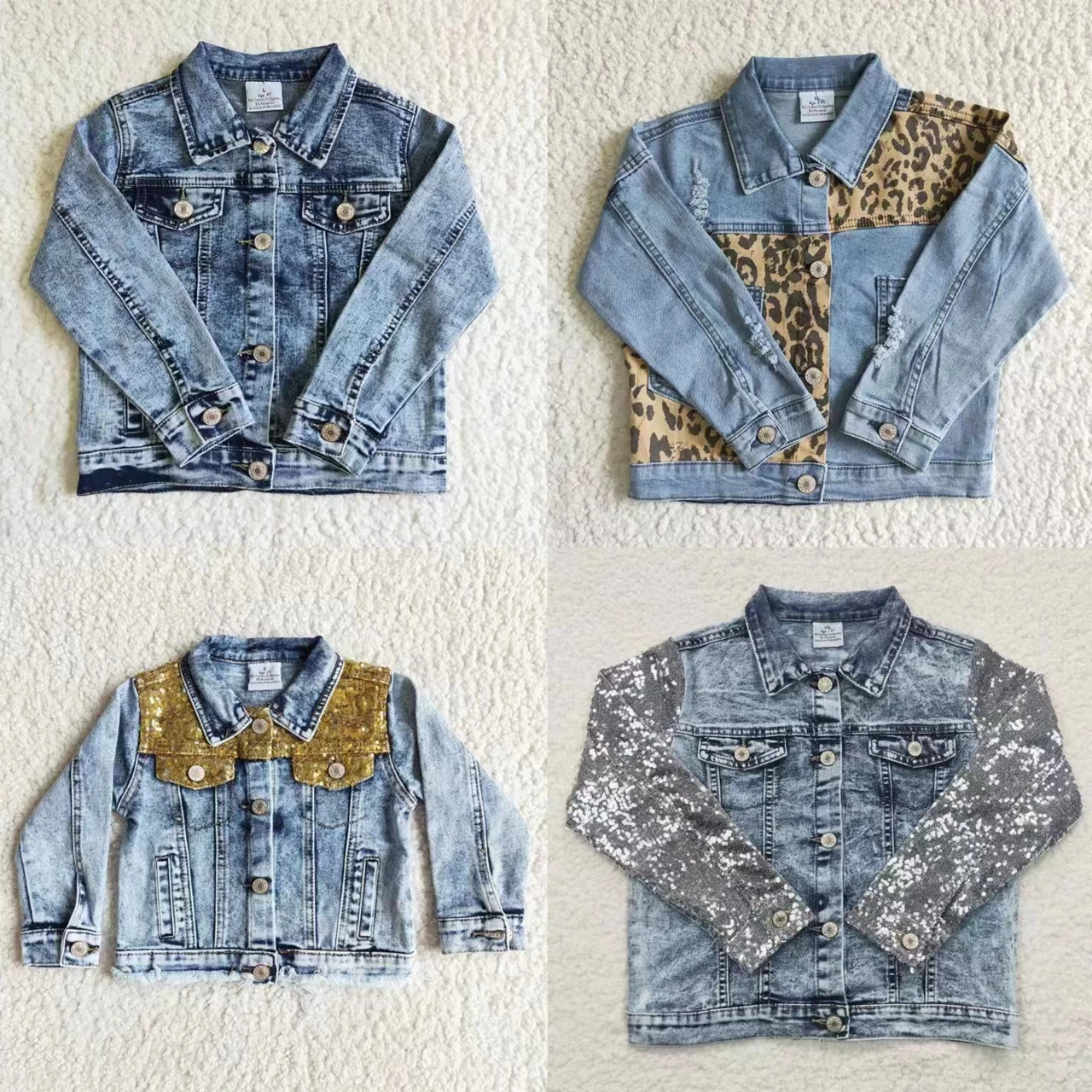 

Wholesale Baby Girl Jeans Cardigan Coat Pocket Buttons Infant Wash Blue Denim Lapel Children Long Sleeve Sequins Leopard Jacket