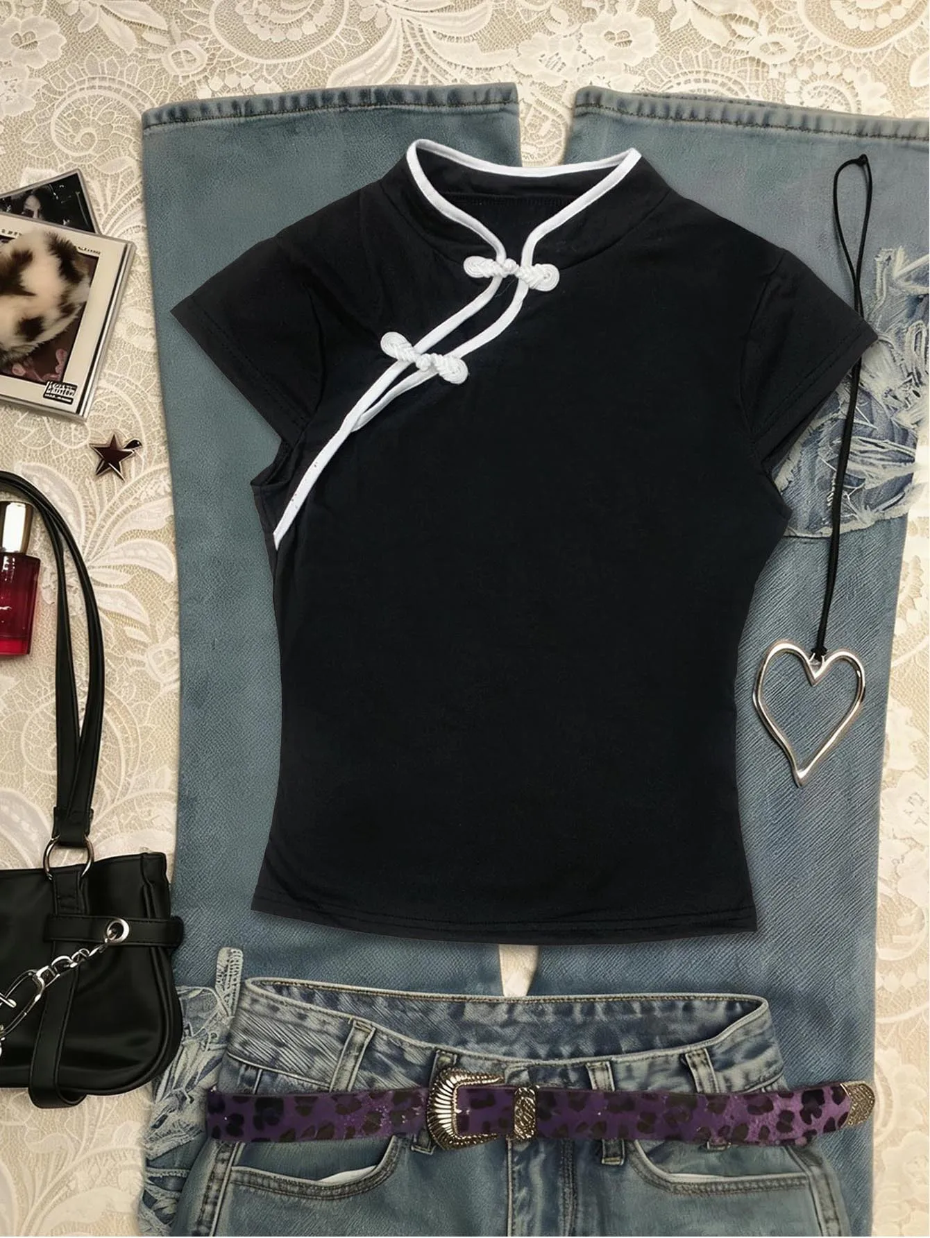 Damen-Casual-Top im Cheongsam-Stil mit Froschknöpfen und Verzierungen in Schwarz für den Alltag 2026