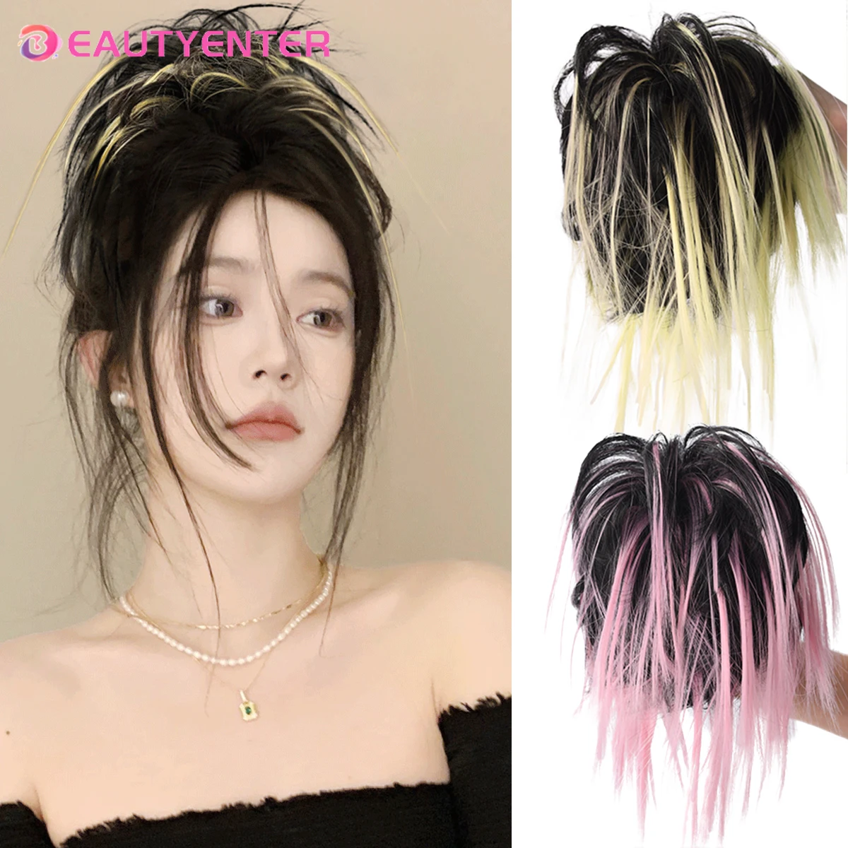 

BEAUTYENTER Synthetic Messy Hair Bun Tousled Hairpiece Elastic Band Chignon Curly Scrunchie Updo Cover Hair Tail for Women Pink