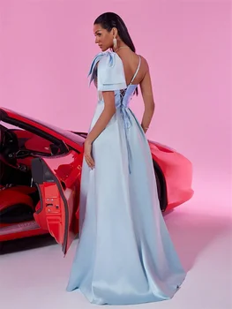 فساتين سهرة أنيقة من الساتان الأزرق برقبة على شكل حرف V طويلة فاخرة للنساء من الساتان بدون أكمام لحفلات الزفاف وحفلات الكوكتيل 4