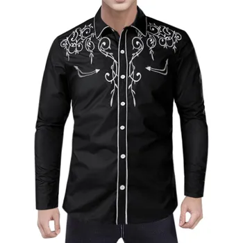 Stylish Western Cowboy Shirt Men Brand Design Embroidery Slim Fit Casual Long Sleeve Shirts Mens Wedding Party Shirt for Male 1