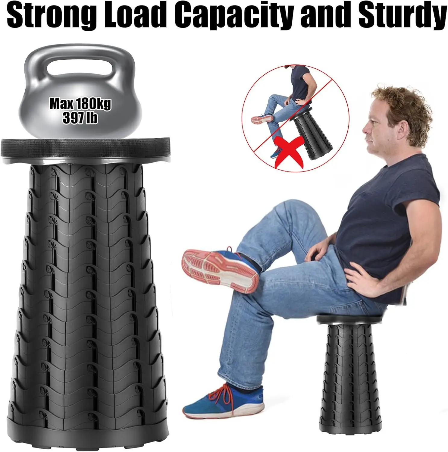Adjustable Folding Stool 6.5-45cm Lightweight Portable for Outdoor Fishing BBQ Travel Supports 397lb/180kg