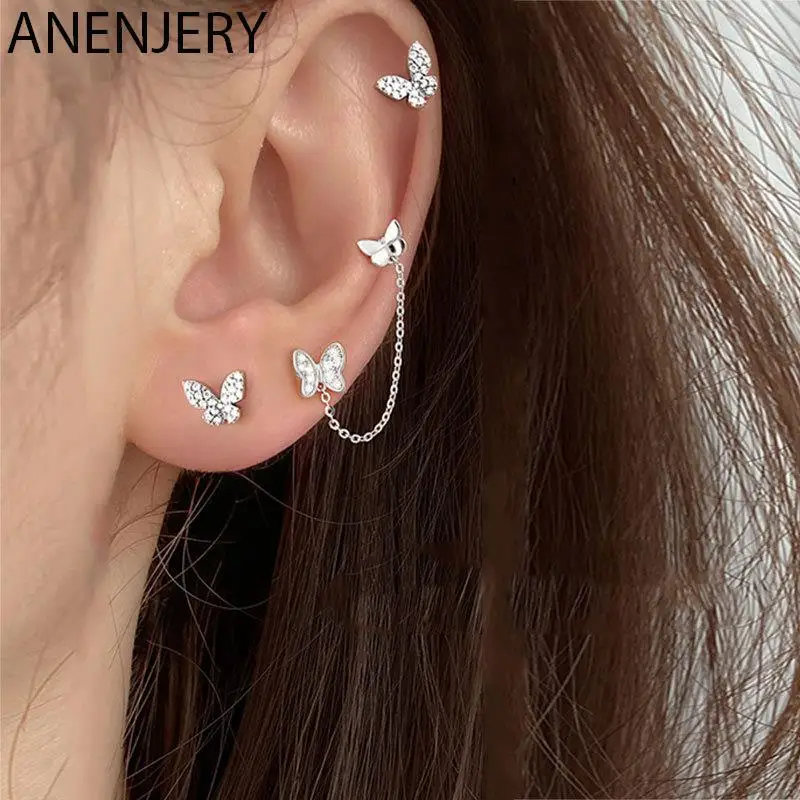 ANENJERY Silver Color Butterfly Stud Earrings for Women Double Ear