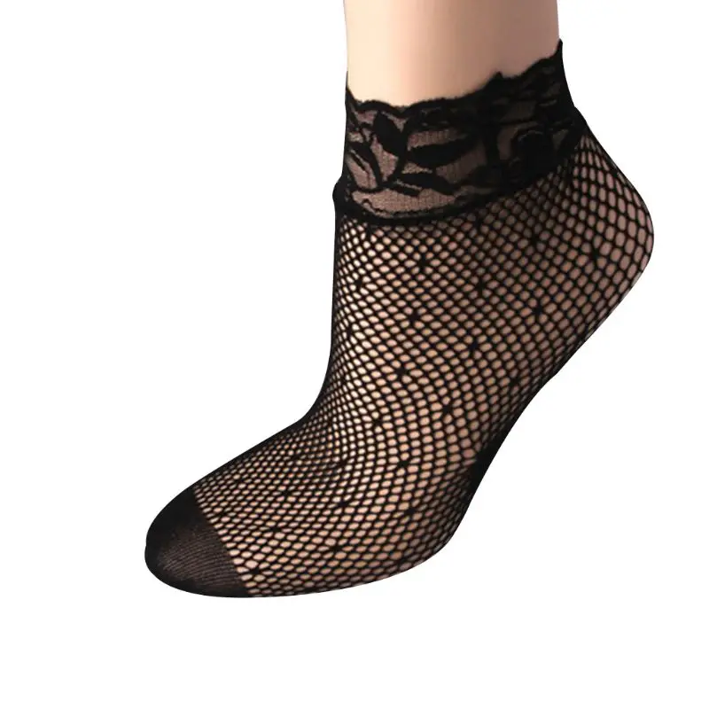 

M2EA Women Sexy Summer Short Over Ankle Boat Socks Fishnet Mesh Black Floral Lace Patchwork Top Hollow Out Nylon Hosiery Casual
