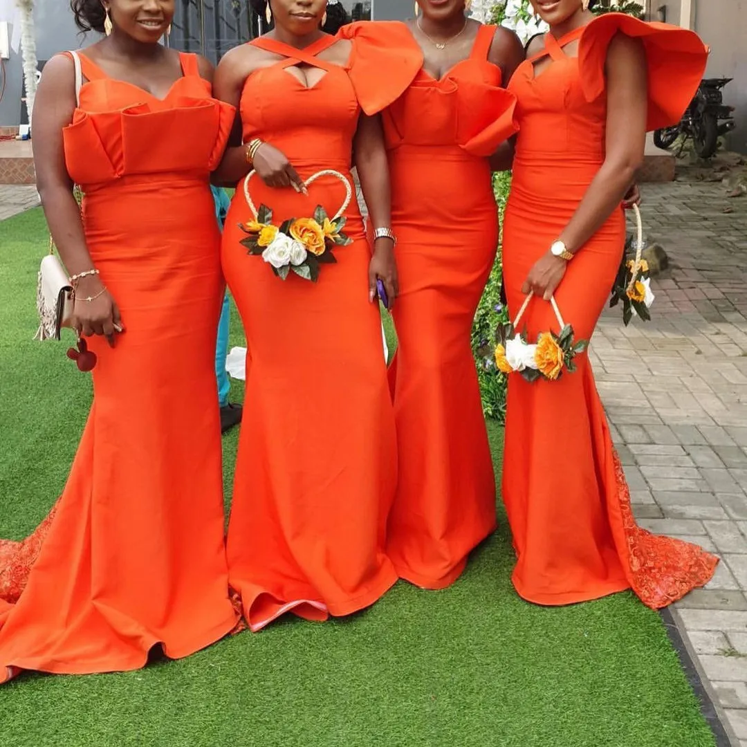 2022 New Orange Satin Bridesmaid Dresses Custom Pleated Long Mermaid Fan Neck Ruffled Formal Wedding Dresses Vestido De Gala