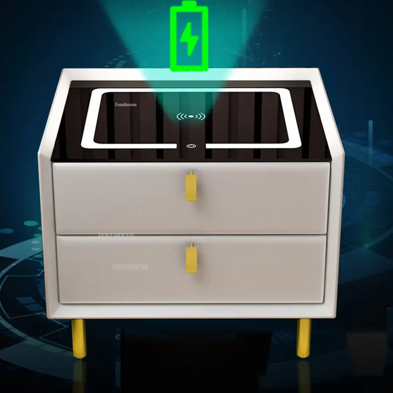 

Modern Home Glass Bedside Table Bedroom Furniture Modern Smart Laden Nightstands Wood Living Room Charging Storage Side Cabinet