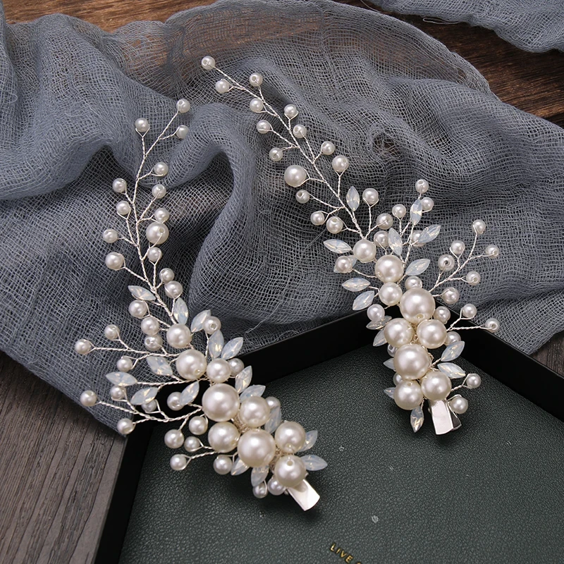 2 Pcs Silver Color Pearls Tiara Hairgrips Clips Handmade Milk Crystal Hairbands Wedding Bridal Headpiece Women Hair Accessories hair accessories bridal hair accessories