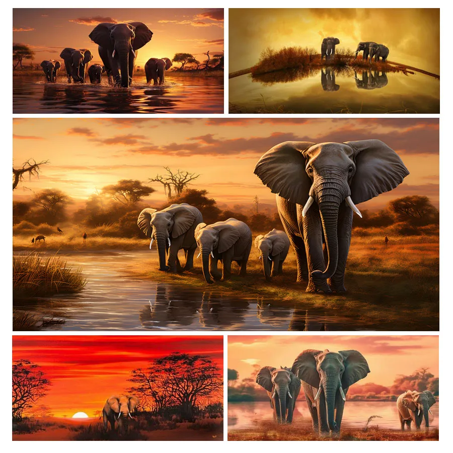 

FULLCANG Large Size Diamond Painting Sale Sunset African Elephant Diy Full Mosaic Embroidery Wild Animals Wall Decor FG2205